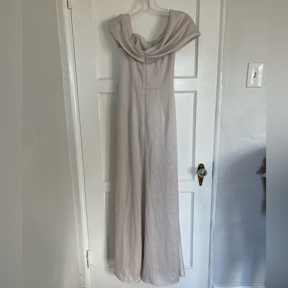 ASOS design bridesmaid satin off the shoulder drape wrap maxi dress in oyster - Picture 6 of 8